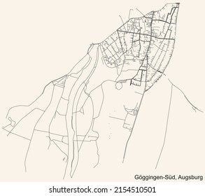 Detailed navigation black lines urban street roads map of the GÖGGINGEN-SÜD DISTRICT of the German regional capital city of Augsburg, Germany on vintage beige background