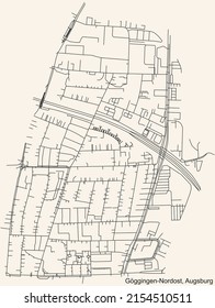 Detailed navigation black lines urban street roads map of the GÖGGINGEN-NORDOST DISTRICT of the German regional capital city of Augsburg, Germany on vintage beige background