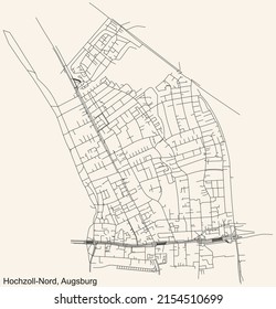 Detailed navigation black lines urban street roads map of the HOCHZOLL-NORD DISTRICT of the German regional capital city of Augsburg, Germany on vintage beige background