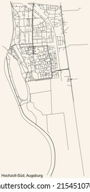 Detailed navigation black lines urban street roads map of the HOCHZOLL-SÜD DISTRICT of the German regional capital city of Augsburg, Germany on vintage beige background