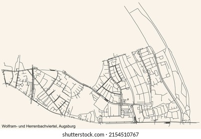 Detailed navigation black lines urban street roads map of the WOLFRAM- U. HERRENBACHVIERTEL DISTRICT of the German regional capital city of Augsburg, Germany on vintage beige background