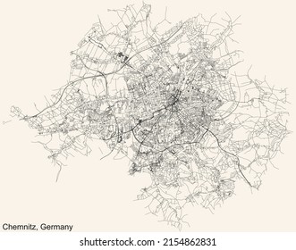 Detailed navigation black lines urban street roads map of the German regional capital city of CHEMNITZ, GERMANY on vintage beige background