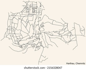 Detailed navigation black lines urban street roads map of the HARTHAU DISTRICT of the German regional capital city of Chemnitz, Germany on vintage beige background