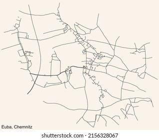Detailed navigation black lines urban street roads map of the EUBA DISTRICT of the German regional capital city of Chemnitz, Germany on vintage beige background