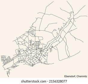 Detailed navigation black lines urban street roads map of the EBERSDORF DISTRICT of the German regional capital city of Chemnitz, Germany on vintage beige background