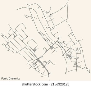 Detailed navigation black lines urban street roads map of the FURTH DISTRICT of the German regional capital city of Chemnitz, Germany on vintage beige background