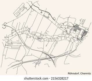 Detailed navigation black lines urban street roads map of the RÖHRSDORF DISTRICT of the German regional capital city of Chemnitz, Germany on vintage beige background