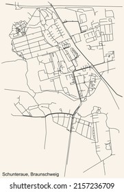 Detailed navigation black lines urban street roads map of the SCHUNTERAUE DISTRICT of the German regional capital city of Braunschweig, Germany on vintage beige background