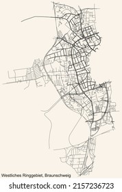 Detaillierte Navigation mit schwarzen Linien Stadtstraßenplan der WESTLICHES RINGGEBIET DISTRICT der deutschen Landeshauptstadt Braunschweig auf beigem Hintergrund