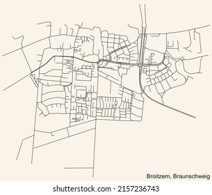 Detailed navigation black lines urban street roads map of the BROITZEM DISTRICT of the German regional capital city of Braunschweig, Germany on vintage beige background