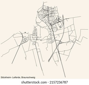 Detailed navigation black lines urban street roads map of the STÖCKHEIM-LEIFERDE DISTRICT of the German regional capital city of Braunschweig, Germany on vintage beige background