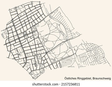 Detailed navigation black lines urban street roads map of the ÖSTLICHES RINGGEBIET DISTRICT of the German regional capital city of Braunschweig, Germany on vintage beige background