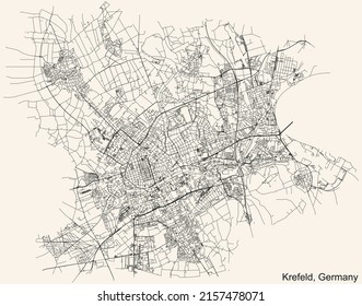 Detailed navigation black lines urban street roads map of the German regional capital city of KREFELD, GERMANY on vintage beige background