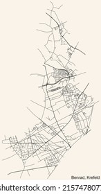 Mapa detallado de las líneas negras de navegación en las calles urbanas del DISTRITO BENRAD de la capital regional alemana de Krefeld, Alemania sobre fondo beige vintage
