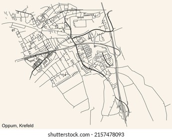 Detailed navigation black lines urban street roads map of the OPPUM DISTRICT of the German regional capital city of Krefeld, Germany on vintage beige background