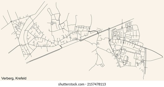 Detailed navigation black lines urban street roads map of the VERBERG DISTRICT of the German regional capital city of Krefeld, Germany on vintage beige background