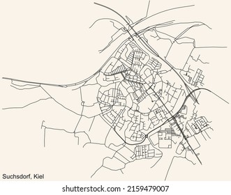 Detailed navigation black lines urban street roads map of the SUCHSDORF DISTRICT of the German regional capital city of Kiel, Germany on vintage beige background