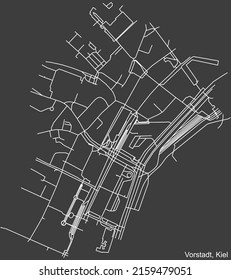 Detailed navigation black lines urban street roads map of the VORSTADT DISTRICT of the German regional capital city of Kiel, Germany on vintage beige background