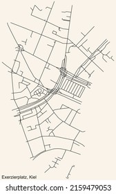 Detailed navigation black lines urban street roads map of the EXERZIERPLATZ DISTRICT of the German regional capital city of Kiel, Germany on vintage beige background