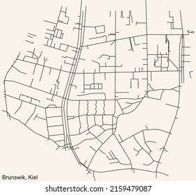Detailed navigation black lines urban street roads map of the BRUNSWIK DISTRICT of the German regional capital city of Kiel, Germany on vintage beige background
