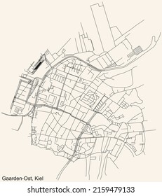 Detailed navigation black lines urban street roads map of the GAARDEN-OST DISTRICT of the German regional capital city of Kiel, Germany on vintage beige background