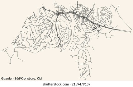 Mapa detallado de las líneas negras de navegación en las calles urbanas del DISTRITO GAARDEN-SÜD UND KRONSBURG de la capital regional alemana Kiel, Alemania, sobre el fondo beige vintage