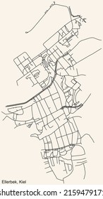 Detailed navigation black lines urban street roads map of the ELLERBEK DISTRICT of the German regional capital city of Kiel, Germany on vintage beige background