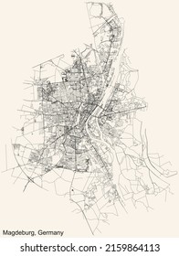 Detailed navigation black lines urban street roads map of the German regional capital city of MAGDEBURG, GERMANY on vintage beige background