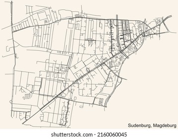 Detailed navigation black lines urban street roads map of the SUDENBURG DISTRICT of the German regional capital city of Magdeburg, Germany on vintage beige background