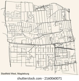 Detailed navigation black lines urban street roads map of the STADTFELD WEST DISTRICT of the German regional capital city of Magdeburg, Germany on vintage beige background