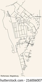 Detailed navigation black lines urban street roads map of the ROTHENSEE DISTRICT of the German regional capital city of Magdeburg, Germany on vintage beige background