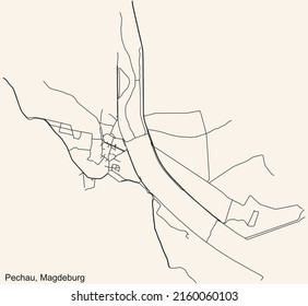 Detailed navigation black lines urban street roads map of the PECHAU DISTRICT of the German regional capital city of Magdeburg, Germany on vintage beige background
