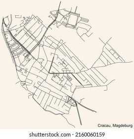 Detailed navigation black lines urban street roads map of the CRACAU DISTRICT of the German regional capital city of Magdeburg, Germany on vintage beige background