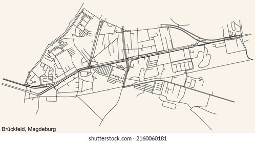 Detailed navigation black lines urban street roads map of the BRÜCKFELD DISTRICT of the German regional capital city of Magdeburg, Germany on vintage beige background