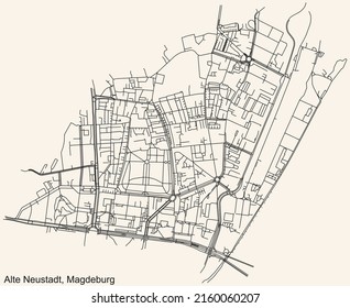 Detailed navigation black lines urban street roads map of the ALTE NEUSTADT DISTRICT of the German regional capital city of Magdeburg, Germany on vintage beige background