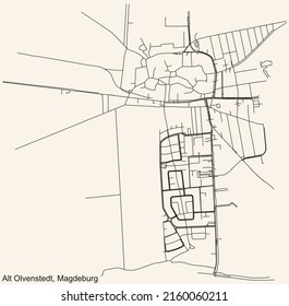 Detailed navigation black lines urban street roads map of the ALT OLVENSTEDT DISTRICT of the German regional capital city of Magdeburg, Germany on vintage beige background