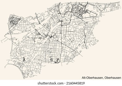 Detailed navigation black lines urban street roads map of the ALT-OBERHAUSEN BOROUGH of the German regional capital city of Oberhausen, Germany on vintage beige background