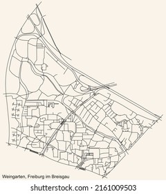 Detailed navigation black lines urban street roads map of the WEINGARTEN DISTRICT of the German regional capital city of Freiburg im Breisgau, Germany on vintage beige background