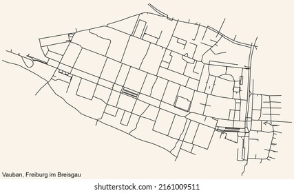 Detailed navigation black lines urban street roads map of the VAUBAN DISTRICT of the German regional capital city of Freiburg im Breisgau, Germany on vintage beige background