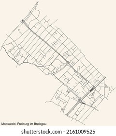 Detailed navigation black lines urban street roads map of the MOOSWALD DISTRICT of the German regional capital city of Freiburg im Breisgau, Germany on vintage beige background