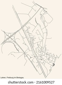 Detailed navigation black lines urban street roads map of the LEHEN DISTRICT of the German regional capital city of Freiburg im Breisgau, Germany on vintage beige background