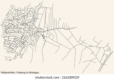 Detailed navigation black lines urban street roads map of the WALTERSHOFEN DISTRICT of the German regional capital city of Freiburg im Breisgau, Germany on vintage beige background