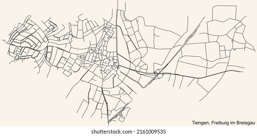 Detailed navigation black lines urban street roads map of the TIENGEN DISTRICT of the German regional capital city of Freiburg im Breisgau, Germany on vintage beige background