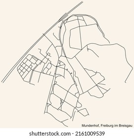 Detailed navigation black lines urban street roads map of the MUNDENHOF DISTRICT of the German regional capital city of Freiburg im Breisgau, Germany on vintage beige background