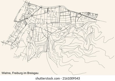 Detailed navigation black lines urban street roads map of the WIEHRE DISTRICT of the German regional capital city of Freiburg im Breisgau, Germany on vintage beige background