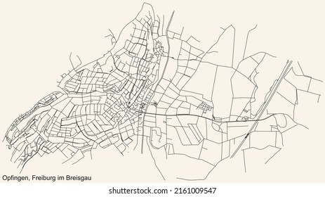 Detailed navigation black lines urban street roads map of the OPFINGEN DISTRICT of the German regional capital city of Freiburg im Breisgau, Germany on vintage beige background
