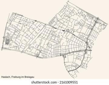 Detailed navigation black lines urban street roads map of the HASLACH DISTRICT of the German regional capital city of Freiburg im Breisgau, Germany on vintage beige background