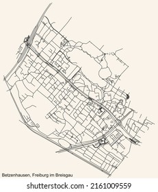 Detailed navigation black lines urban street roads map of the BETZENHAUSEN DISTRICT of the German regional capital city of Freiburg im Breisgau, Germany on vintage beige background