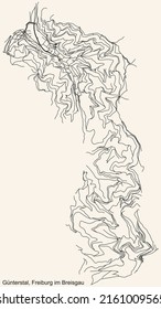 Detailed navigation black lines urban street roads map of the GÜNTERSTAL DISTRICT of the German regional capital city of Freiburg im Breisgau, Germany on vintage beige background
