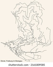 Detailed navigation black lines urban street roads map of the EBNET DISTRICT of the German regional capital city of Freiburg im Breisgau, Germany on vintage beige background